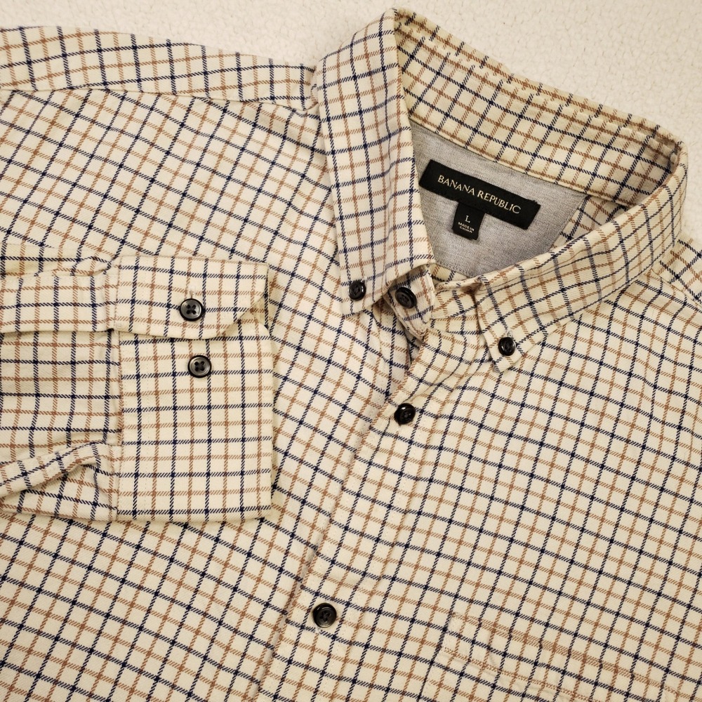 Banana Republic Button Down Shirt Mens Large Camel Tattersall Check Cotton Twill
